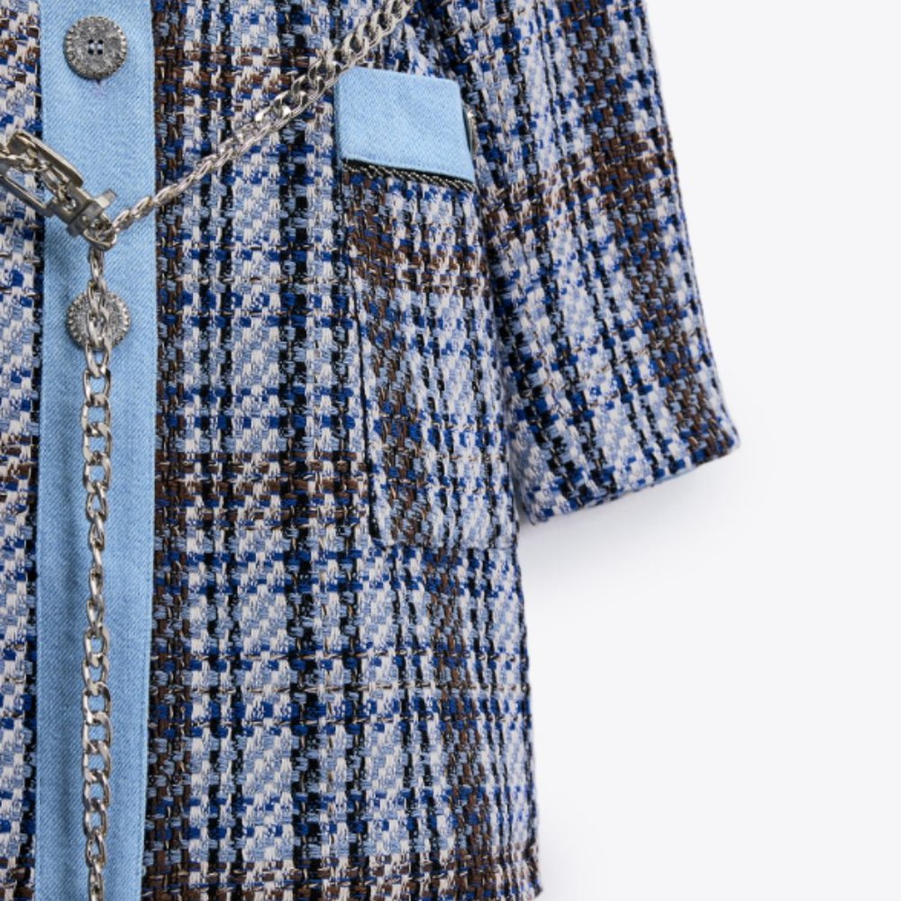 zara textured weave coat silver belt blue long sleeve mini dress size XS 8814 16 - Picture 7 of 7